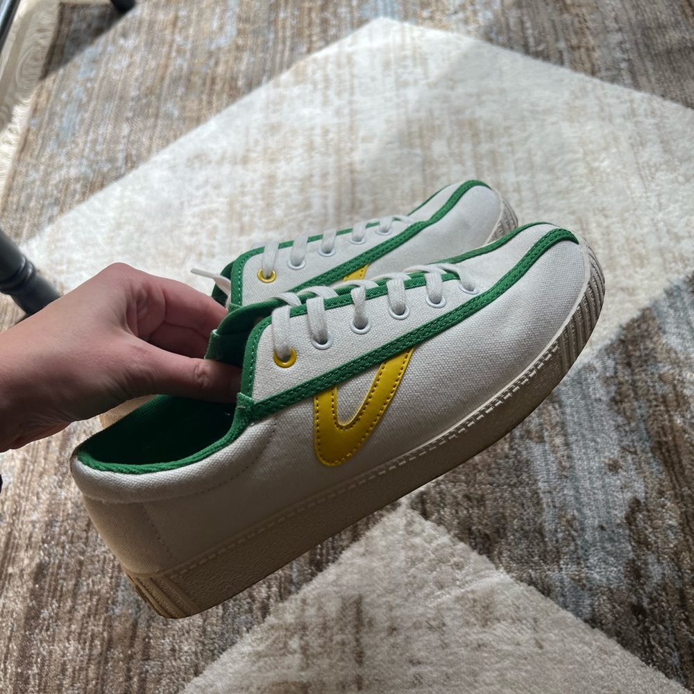 White and Green Canvas Sneakers with Yellow Detail- J.Crew/Tretorn size 7